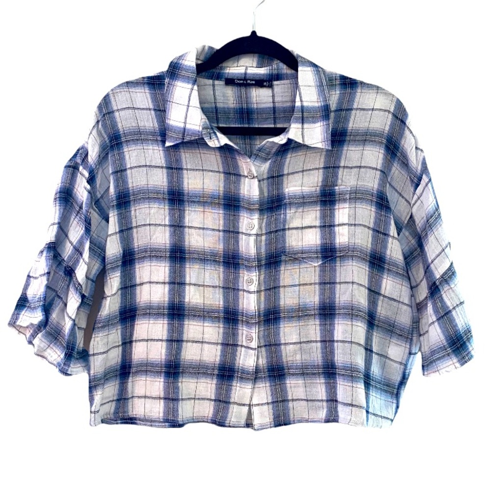 Doe & Rae Cropped White Blue Plaid Bell Sleeves Button Down Top Small